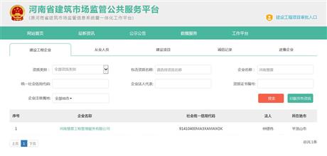 河南省建筑市场监管公共服务平台网上公示截图